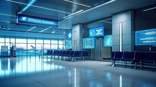 飞机商务舱背景图片_航站楼建筑 3D 渲染中机场商务舱招牌的插图