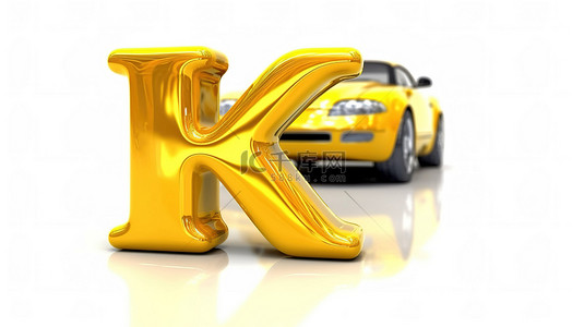 白色背景上小写的小“k”，具有黄色汽车油漆的 3D 渲染字体，具有光滑的金属光泽