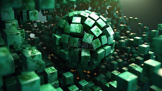 充满活力的绿色背景与复杂的纹理球体和旋转立方体令人惊叹的抽象 3D 插图