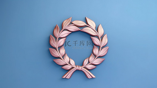 蓝色背景 3D 渲染双色调风格粉色奖章与月桂花环