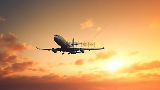 日落起飞 3D 渲染的飞机翱翔在天空中的广告概念