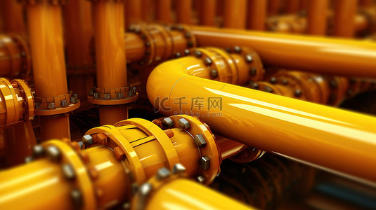 工业用黄色调天然气管道的 3D 插图