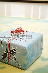 蓝色织物包装盒，上面用红色墨水画有起重机的图像