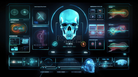 最先进的医疗屏幕，带有未来的用户界面平视显示器和令人惊叹的 3D 大脑插图