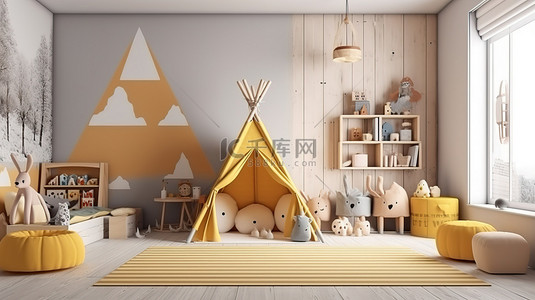 质朴的游戏室内部配有乡村风格的空白海报框架和 3D 帐篷渲染