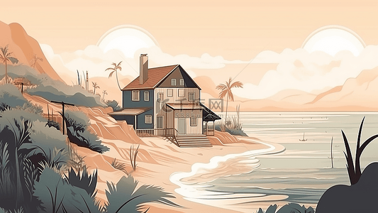 卡通房子海景背景