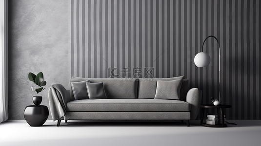 沙发壁纸背景图片_现代灰色调的内饰，配有条纹壁纸和 3D 渲染的时尚沙发