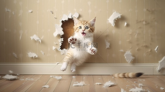 动物设计插图背景图片_3D 插图猫爪令人印象深刻地从墙上滑下来