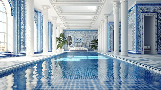 豪华水疗中心的东方风格室内游泳池，配有蓝色和白色 3D 设计的瓷砖