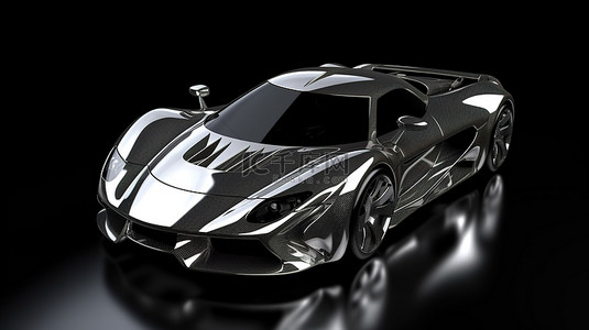 碳纤维背景下铝制超级跑车的 3D 渲染