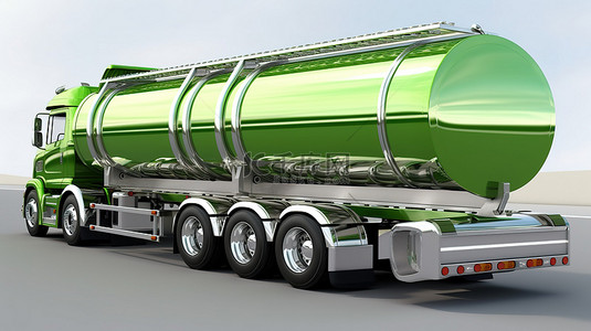 连接到巨型绿色油罐车的闪亮金属拖车 360 度视图逼真的 3D 渲染