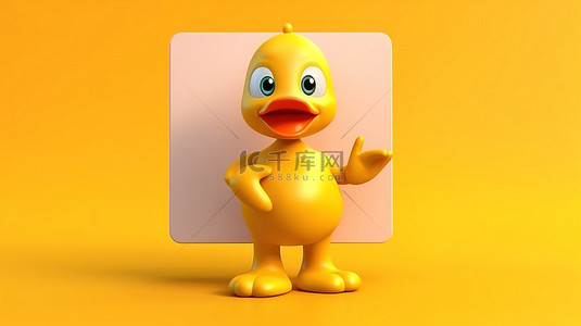 阳光明媚的背景上带有白色广告台的可爱黄鸭吉祥物的 3D 渲染