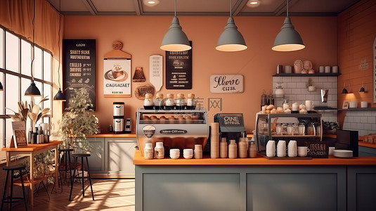 创新的咖啡馆设计理念，以菜单横幅模型和优雅的灯 3D 渲染为特色