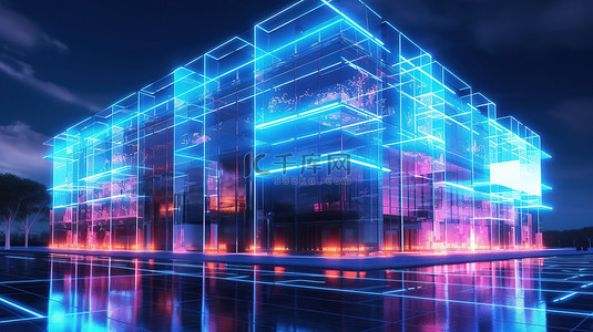 具有现代白色霓虹灯装饰的玻璃建筑外部的 3D 渲染