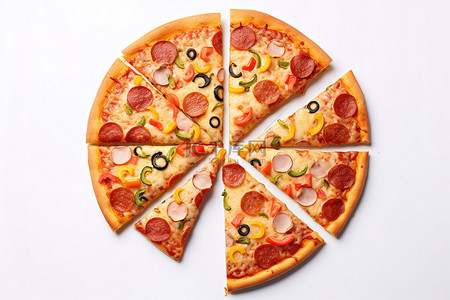 披萨背景图片_白色背景上的披萨被切成小片