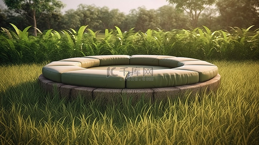 3d 数字制作的郁郁葱葱的绿色田野中的圆形户外沙发