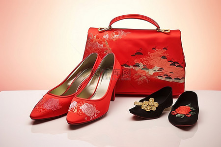 中国复古背景图片_红色连衣裙复古中式服装搭配鞋子和钱包