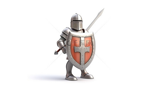 剑插盾牌背景图片_白色背景孤立骑士挥舞剑和盾牌的 3d 插图