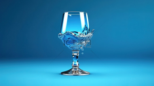 水滴落入蓝色玻璃高脚杯的逼真 3D 插图