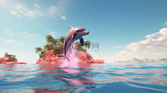 3D 渲染的卡通海豚在粉红色的热带岛屿天堂中跳跃