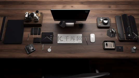 咖啡办公桌背景图片_深色木地板上配有笔记本电脑文具和用品的平静办公桌的顶部视图 3D 插图