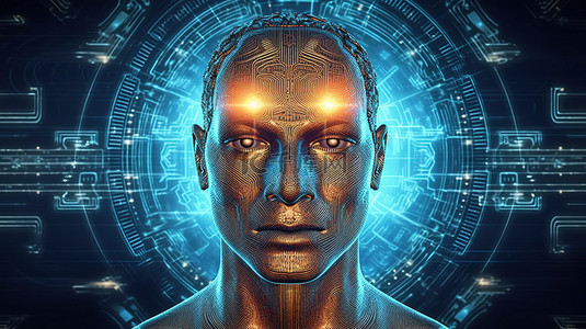 比特币加密机器人头的未来全息图技术 3D 渲染