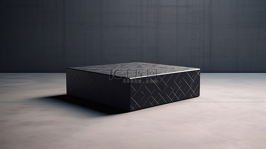 混凝土地板上黑色纹理矩形纸板箱的 3D 渲染