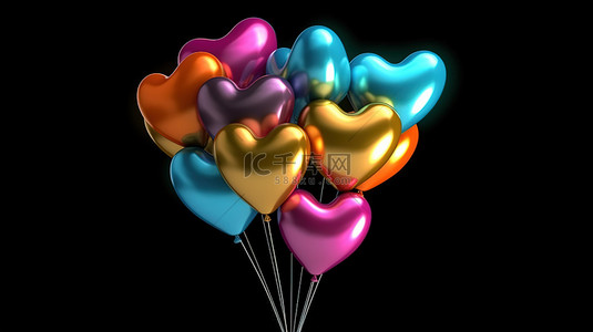 黑色氣球背景图片_生动的心形气球在快乐的生日庆祝活动中以 3D 呈现在黑色背景上