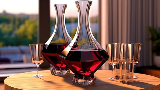 水壶背景图片_装满红酒和两个酒杯的水晶醒酒器的 3D 渲染图像