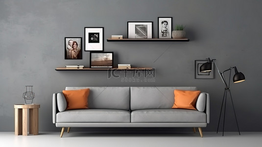 灰色墙壁背景的 3D 渲染，配有货架图片和沙发