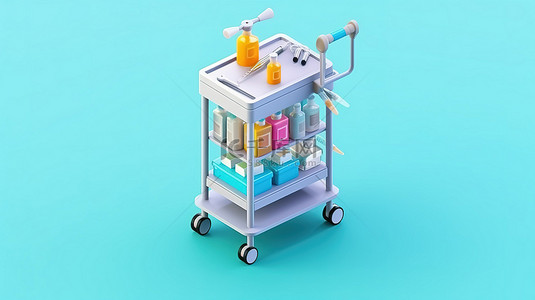 疫苗医疗背景图片_带有疫苗接种设备的医疗柜手推车的等距 3D 插图