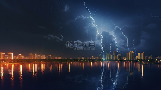晴天霹雳音效背景图片_电风暴照亮当代大都市和宁静的湖泊3D模拟