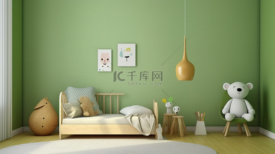 枕头海报背景图片_3D 渲染中的绿色主题儿童房