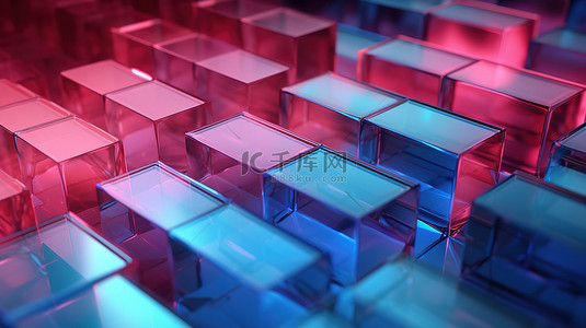 抽象 3D 插图中的半透明矩形，带有蓝色红色和丁香的渐变反射
