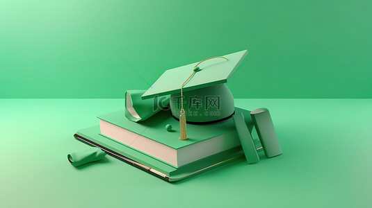浅绿色背景下的逼真3D教育在线概念毕业帽书籍和手机
