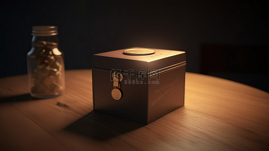 盒子里一枚大硬币的插图，象征着 3D 渲染中的慈善储蓄和捐赠