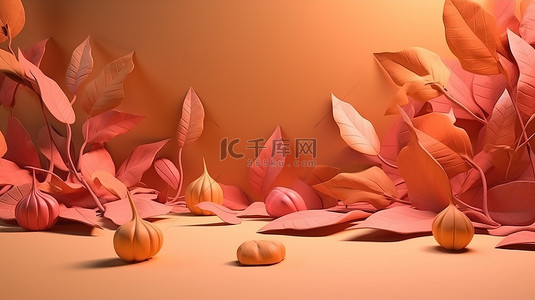 秋季秋叶背景图片_逼真的卡通风格 3d 渲染秋叶背景