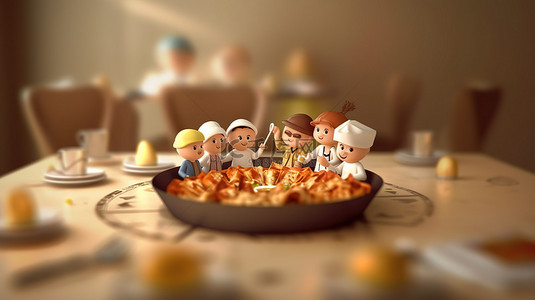 与朋友一起在餐厅用餐 3D 渲染的食物概念