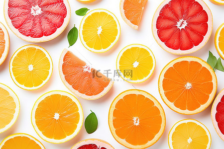 橙子脆片棉花背景图片_白色背景中的橙子葡萄柚和柑橘片