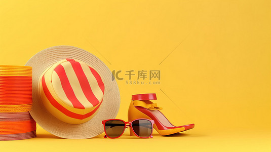 3D 渲染中的夏日度假氛围条纹黄色海滩配饰