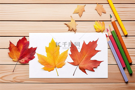 背景银杏背景图片_彩色铅笔旁边有一张纸，上面有不同颜色的叶子