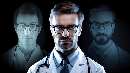 大衣背景图片_3D 合成图像中男医生在医疗团队中的肖像