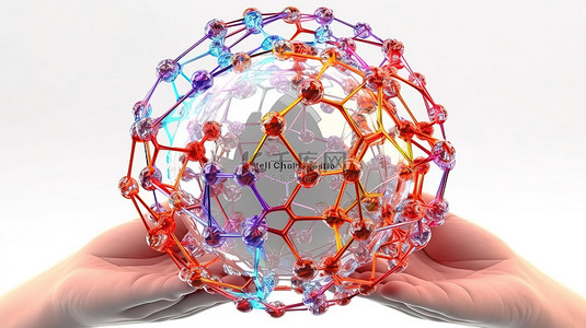 线框手握着白色背景 3D 渲染上原子DNA 神经元和分子的抽象多边形球体