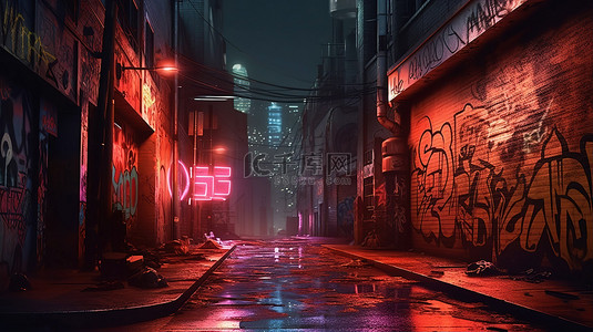 老胡同背景图片_坚韧的赛博朋克大都市反乌托邦 3D 渲染黑暗城市街道，夜间有涂鸦和烟雾