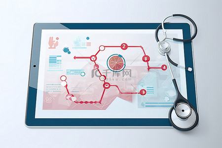 设备健康管理背景图片_带有听诊器和图标的平板电脑设备的图像