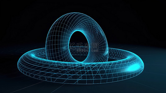 蓝色背景上的未来 3D 渲染动态线框环面，使用数字技术描绘科学数据流