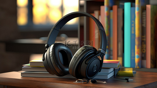 想象有声读物黑色无线耳机和木桌上的书籍的 3D 渲染
