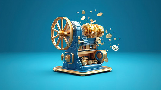 蓝色背景下盈利的魔术印刷机的 3D 渲染