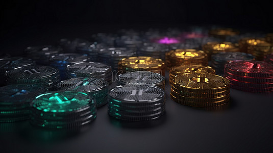 3d 渲染中的堆叠链接硬币描绘了区块链技术中的加密货币数字货币概念和新的虚拟货币交换