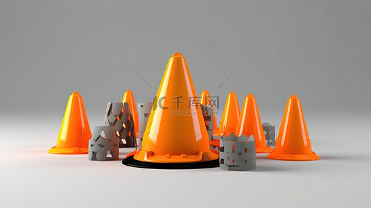 锌钢围栏背景图片_灰色 3D 渲染中的橙色头盔交通锥和建筑围栏